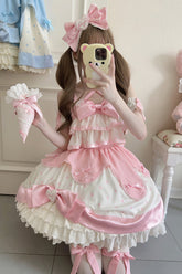 Robe Jsk Sweet Lolita à pois multicolores à volants avec nœud en crème rose